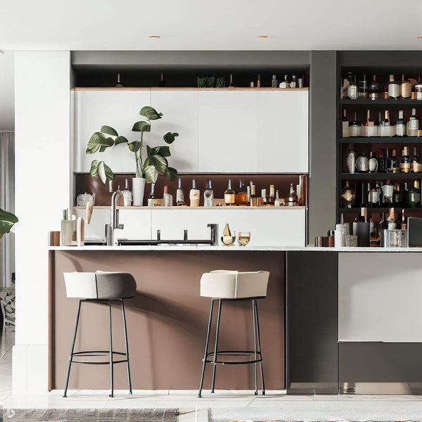 Modern Cherry Taupe Home Bar with white acrylic top - Finest Home Bars